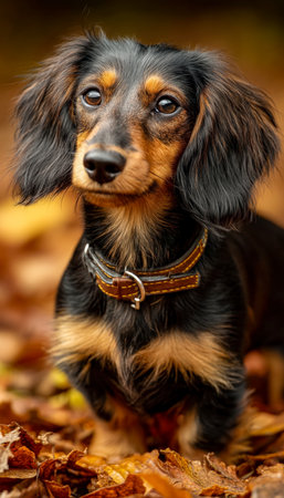 A charming long-haired dachshund lounges amidst vibrant fall foliage, wearing an elegant collar that complements the cozy autumn atmosphere.の写真素材
