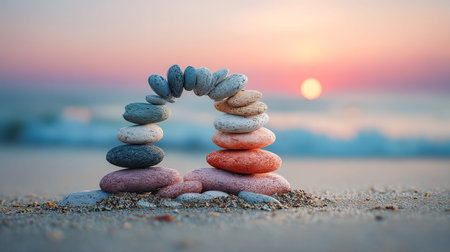 A rugged stone arch stands amidst soft sands as vivid sunset hues paint the sky, creating a tranquil scene perfect for travel or nature themes.の写真素材