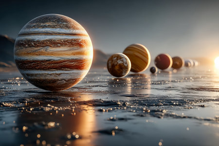 A vibrant cosmic scene showcasing diverse planets with a massive gas giant in front, illuminated by...