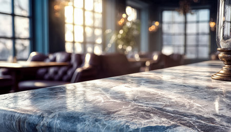 A detailed view of polished marble surface under warm ambient lighting, evoking intimacy and...