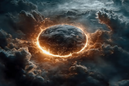 A vibrant depiction of our planet engulfed in luminous tendrils of cloud against a swirling, intense sky evoking a cosmic voyage and planetary aweの写真素材