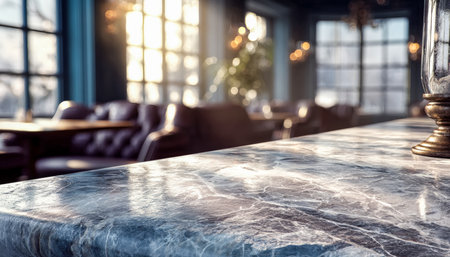 A detailed view of polished marble surface under warm ambient lighting, evoking intimacy and elegance in a welcoming dining environment.の写真素材