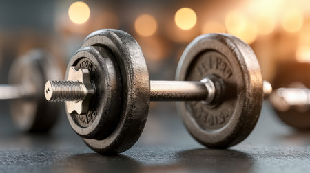 A sleek black and silver weight rests on a textured gym surface, with a softly blurred background suggesting focus and quiet determination.の写真素材