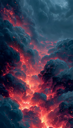 Swirling nebulae bathed in fiery reds and oranges evoke a sense of wonder, blending cosmic mystery with vibrant celestial beauty.の写真素材