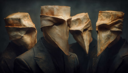 Four mysterious figures in shadowy surroundings don handcrafted masks resembling fierce bird beaks, creating an eerie, theatrical atmosphere.の写真素材