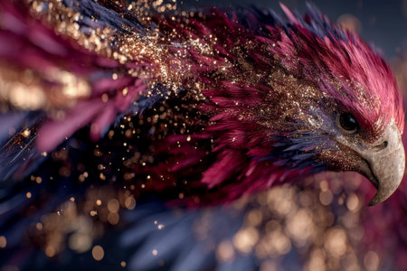 An exquisite bird of prey with luminous pink and shadowy plumage, shimmering with golden sparkles,...