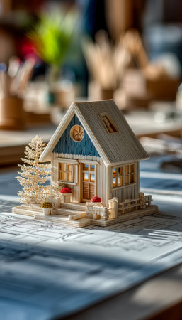 A detailed miniature home with glowing windows nestled among lush greenery, positioned atop blueprints highlighting architecture and landscaping detailの写真素材