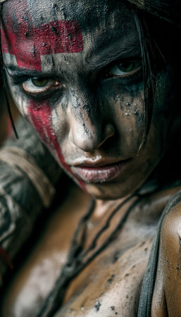 A fierce woman adorned with bold tribal markings and intricate body art emerges from shadows,...