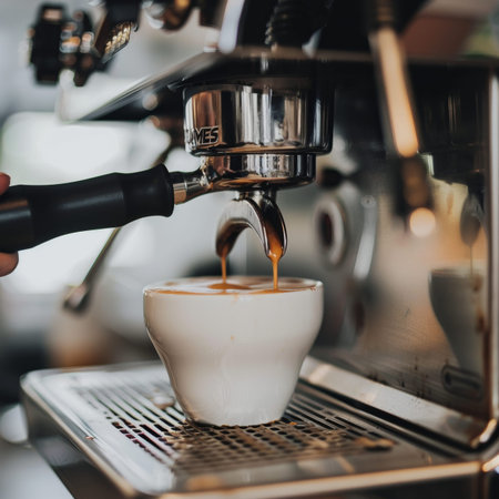 Close up of barista crafting espresso in coffee machine on soft white background