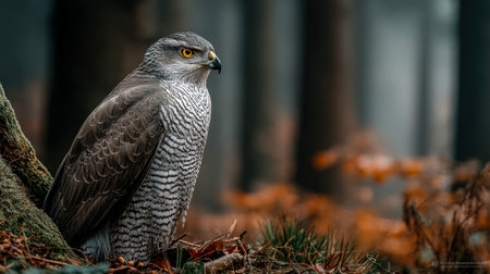 A regal hawk gathers its strength amid fallen leaves and vibrant autumn hues, exuding power and serenity on a quiet forest floor.の写真素材