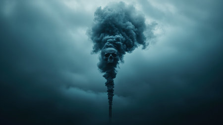 A towering industrial chimney releases thick black fumes under a brooding, overcast sky, where a...