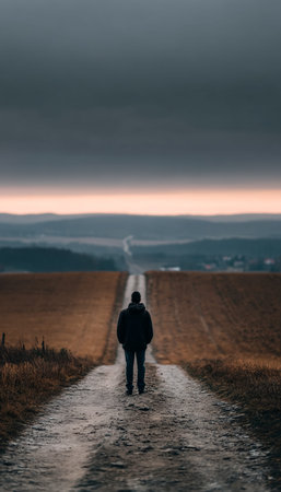 A lone figure journeys along a rustic dirt path beneath a tumultuous sky, with rolling hills fading...