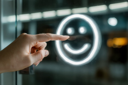 A close-up of a finger activating a bright neon emoji, radiating cheerful vibes and emphasizing...