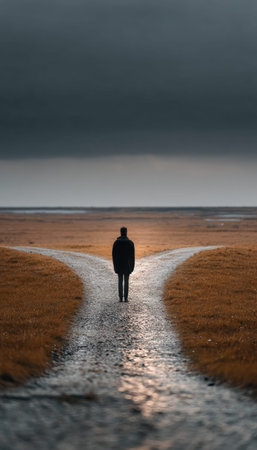A lone individual pauses at a dividing path amid vast open fields, beneath ominous storm clouds,...