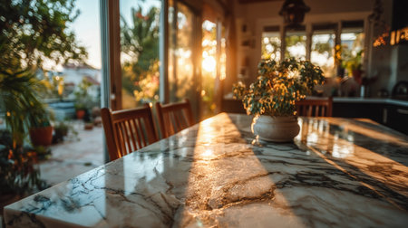 Warm glow of sunset filters through a charming dining space, highlighting a sleek marble table and...