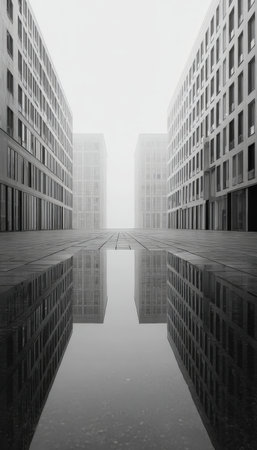A sleek urban scene with mirror-like water creating a symmetrical view of contemporary skyscrapers...