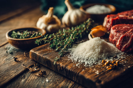 An inviting scene of vibrant herbs, aromatic spices, and chunky raw beef slices alongside garlic cloves, set on weathered wood for rustic culinary appの写真素材