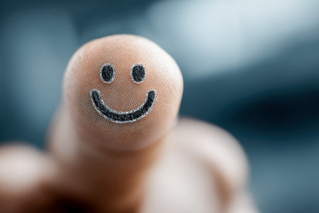 A macro shot capturing a fingertip decorated with a cheerful smiley face, radiating playfulness and innocence perfect for children's content or fun thの写真素材