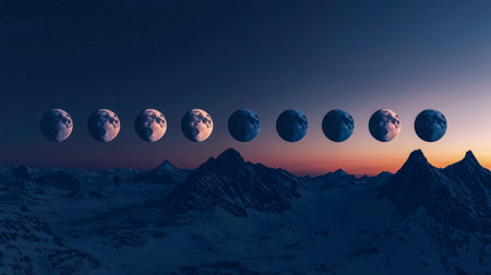 A tranquil winter scene features a snow-covered mountain range beneath a twilight sky, illuminated by the gradual rise of lunar shapes across the horiの写真素材