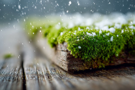 Delicate greenery clings to aged wood under a soft snowfall, evoking winter's quiet beauty and nature's resilience in cold, scenic moments.の写真素材