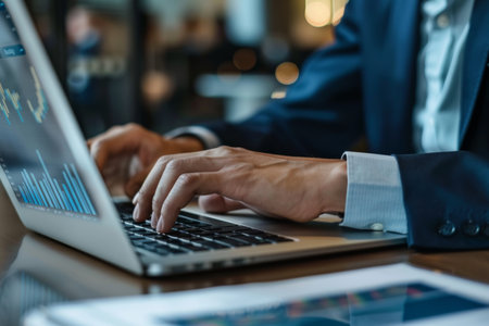 Businessman in formal attire analyzing chart on laptop screen, concept of business and technologyの写真素材