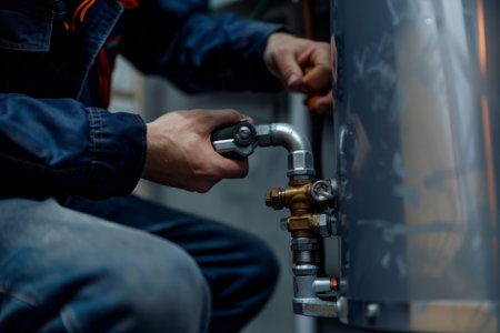 Plumber securing gas line on new water heater tank for maintenance and installation tasks