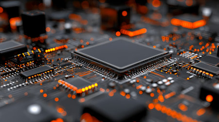 A detailed view of a computer's main circuit board glowing with vibrant led lights, highlighting...