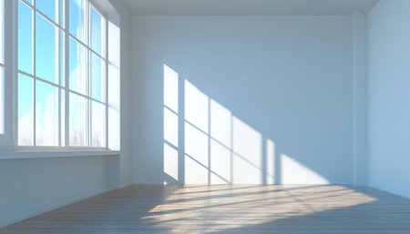 Warm sunlight filters through expansive glass panes, casting intricate shadows across an unoccupied space, evoking calm and airy elegance.の写真素材