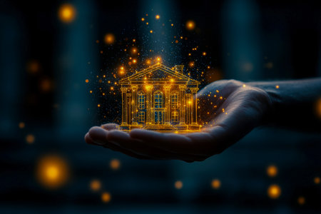 A person gently cradles their palm upward, showcasing a luminous 3d house projection accompanied by sparkling radiant sparks, symbolizing futuristic sの写真素材