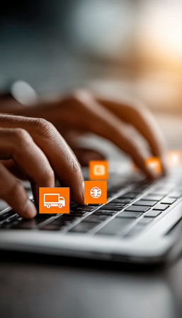 An individual engaged with a laptop amid floating logistics and globe symbols, illustrating global...