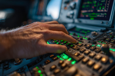 A detailed view of a pilot's hand adjusting switches amid glowing navigation displays, capturing focus, precision, and high-tech aviation ambiance.の写真素材