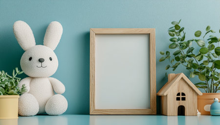 A warm, inviting nursery corner featuring a cuddly plush bunny, handcrafted wooden house, an empty photo frame ready for memories, and lush potted grayの写真素材