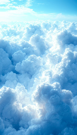 Fluffy white clouds drift across a vivid azure sky, creating a serene and uplifting scene perfect...