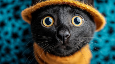 A charming black feline with expressive eyes dons a cheerful yellow hat and scarf, set against a lively, colorful backdrop.の写真素材