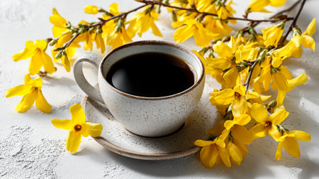 A steaming black coffee nestles amid vibrant yellow blossoms, creating a cheerful contrast against a tactile white background, perfect for cozy, sprinの写真素材