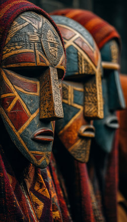 Colorful handcrafted wooden masks featuring detailed geometric designs evoke cultural rituals, perfect for art displays, cultural exhibitions, or themの写真素材