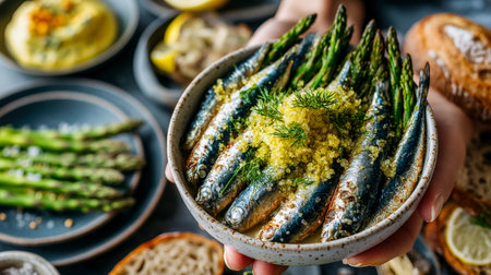 An inviting scene of a hand presenting a platter of smoky sardines garnished with herbs and citrus zest, complemented by colorful sides and crusty breの写真素材