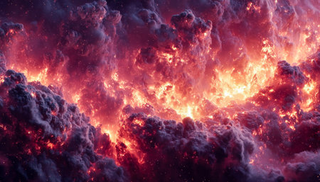 Swirling luminous gases and fiery hues create a mesmerizing celestial cloudscape, evoking wonder and...