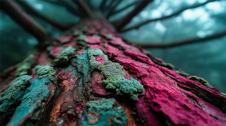 An intricate forest scene highlighting a textured tree surface blanketed in lush moss, displaying striking pink and verdant tones that evoke enchantmeの写真素材