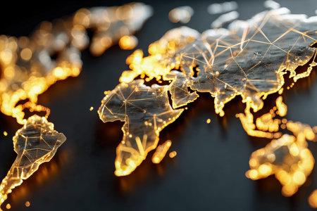A high-tech digital representation of Earth highlighting key continents in bright illumination,...