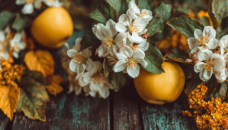 Bright yellow apples hang amid delicate white blossoms, arranged on weathered wooden planks, evoking a rustic and fresh orchard ambiance.の写真素材