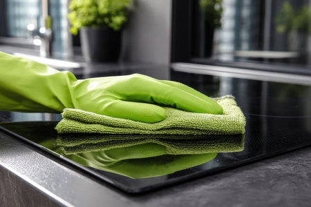 A user in vibrant rubber gloves diligently wipes a sleek black glass surface with a lush green cloth, capturing a moment of household care and cleanliの写真素材