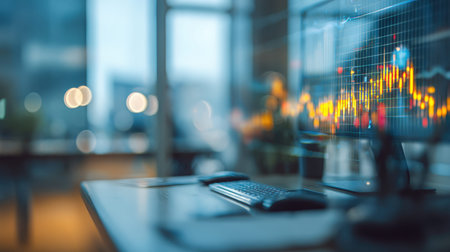 A professional working at a sleek desk examines glowing digital charts and financial figures on a...