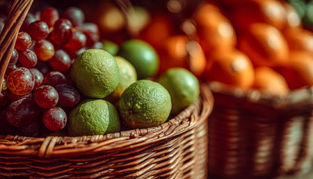 Bright green limes and deep ruby grapes rest in rustic wicker baskets, creating a vibrant display...