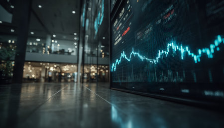 A sleek digital screen showcases fluctuating market figures and trend lines, illuminating a high-tech trading environment with a focused, professionalの写真素材