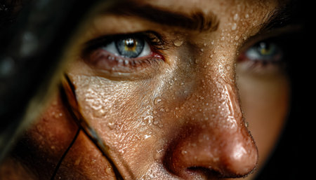 A soaked face with glistening droplets, highlighting piercing blue eyes and concentrated expression...