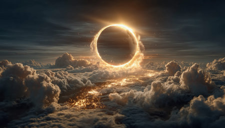 A rare celestial event displays sunlight bursting through a layered cloudscape, with cosmic...