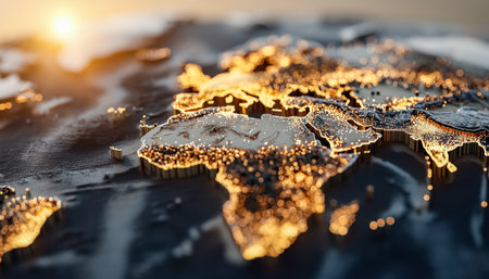 A vibrant, high-tech globe displays luminous continents against a warm sunset sky, symbolizing global connectivity and digital innovation.の写真素材
