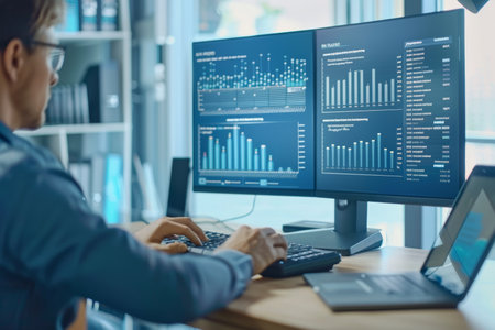 Businessman analyzing data for business performance metrics on computer system connected to databaseの写真素材