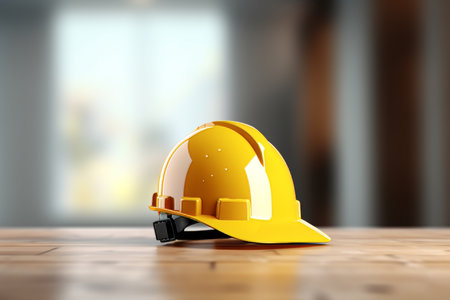 Construction works scheme with yellow or blue helmet and tools on light backgroundの写真素材